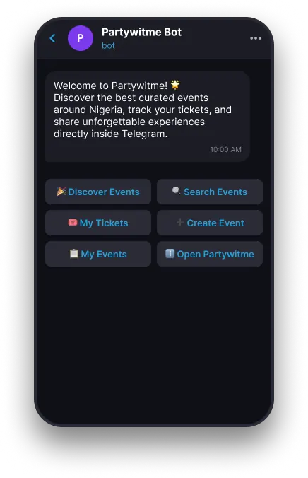 Partywitme Telegram bot conversation and action menu